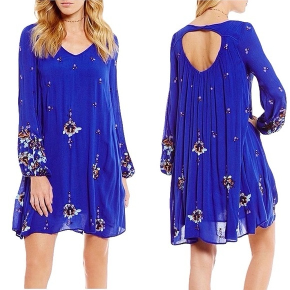 Oxford Embroidered Blue Floral Long-Sleeve V-Neck Swing Dress EUC